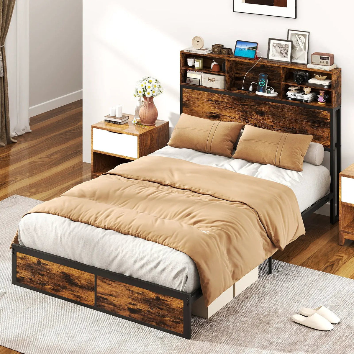 Twin/Full/Queen/King Size Bed Frame with Storage Headboard Industrial Metal Platform Bed