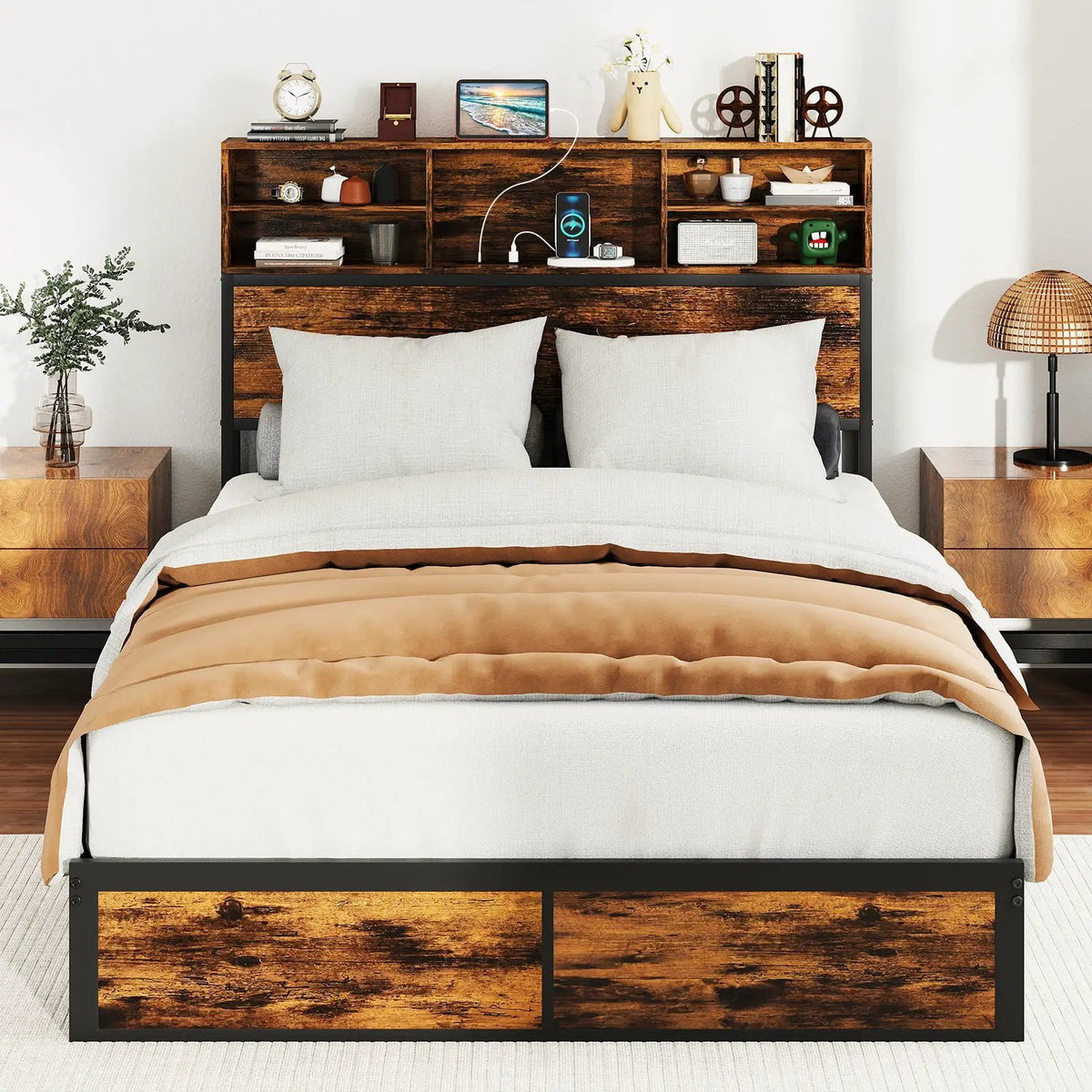 Twin/Full/Queen/King Size Bed Frame with Storage Headboard Industrial Metal Platform Bed, photo 2 of 11