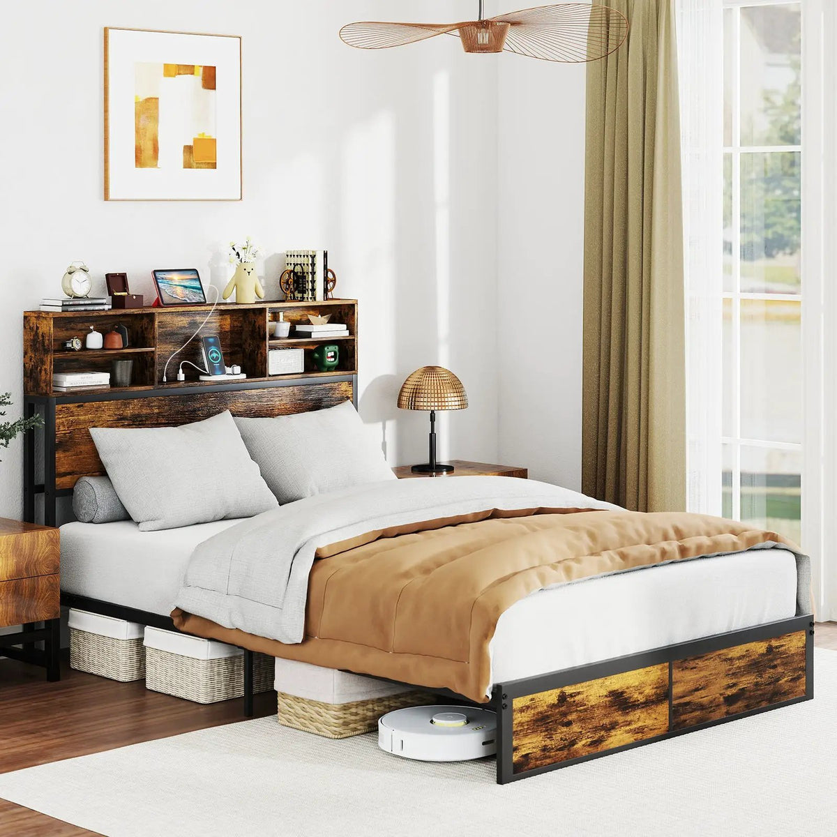 Twin/Full/Queen/King Size Bed Frame with Storage Headboard Industrial Metal Platform Bed, photo 4 of 11