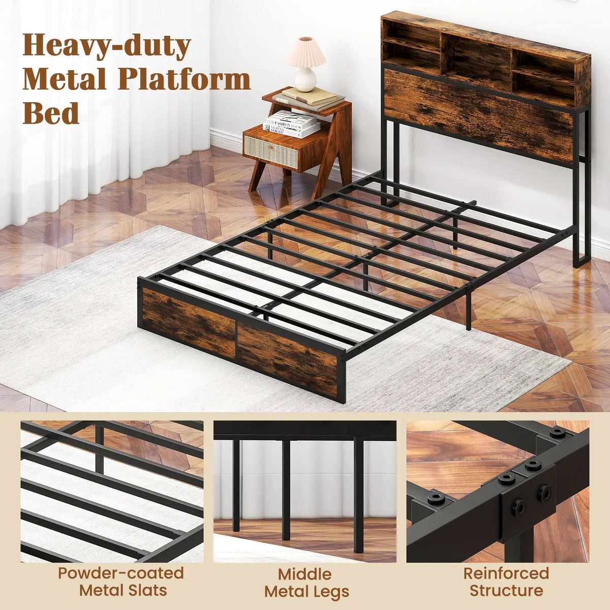 Twin/Full/Queen/King Size Bed Frame with Storage Headboard Industrial Metal Platform Bed, photo 7 of 11