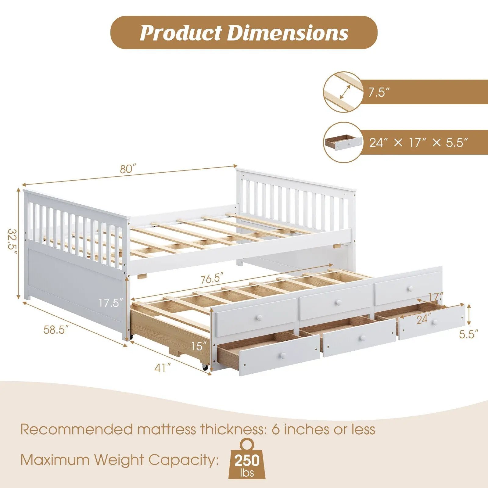 Full Size Wood Daybed Frame with Trundle Bed and 3 Storage Drawers-White by DirectDeals