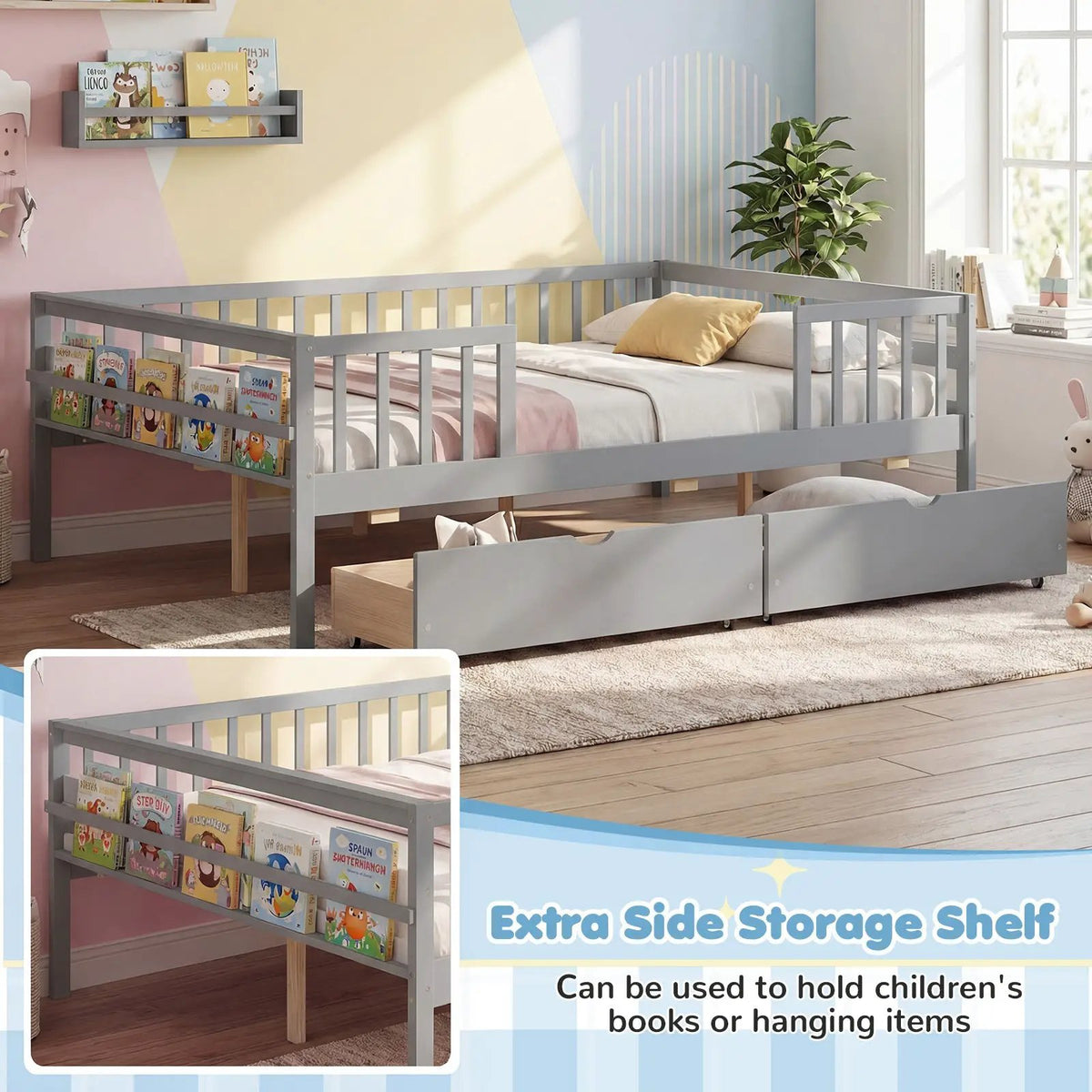 Full Size Daybed with Fence and 2 Drawers for Boys and Girls, photo 16 of 16