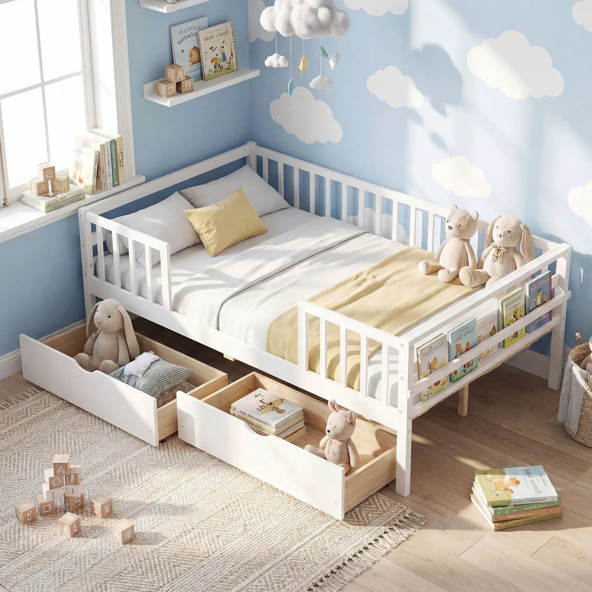Full Size Daybed with Fence and 2 Drawers for Boys and Girls