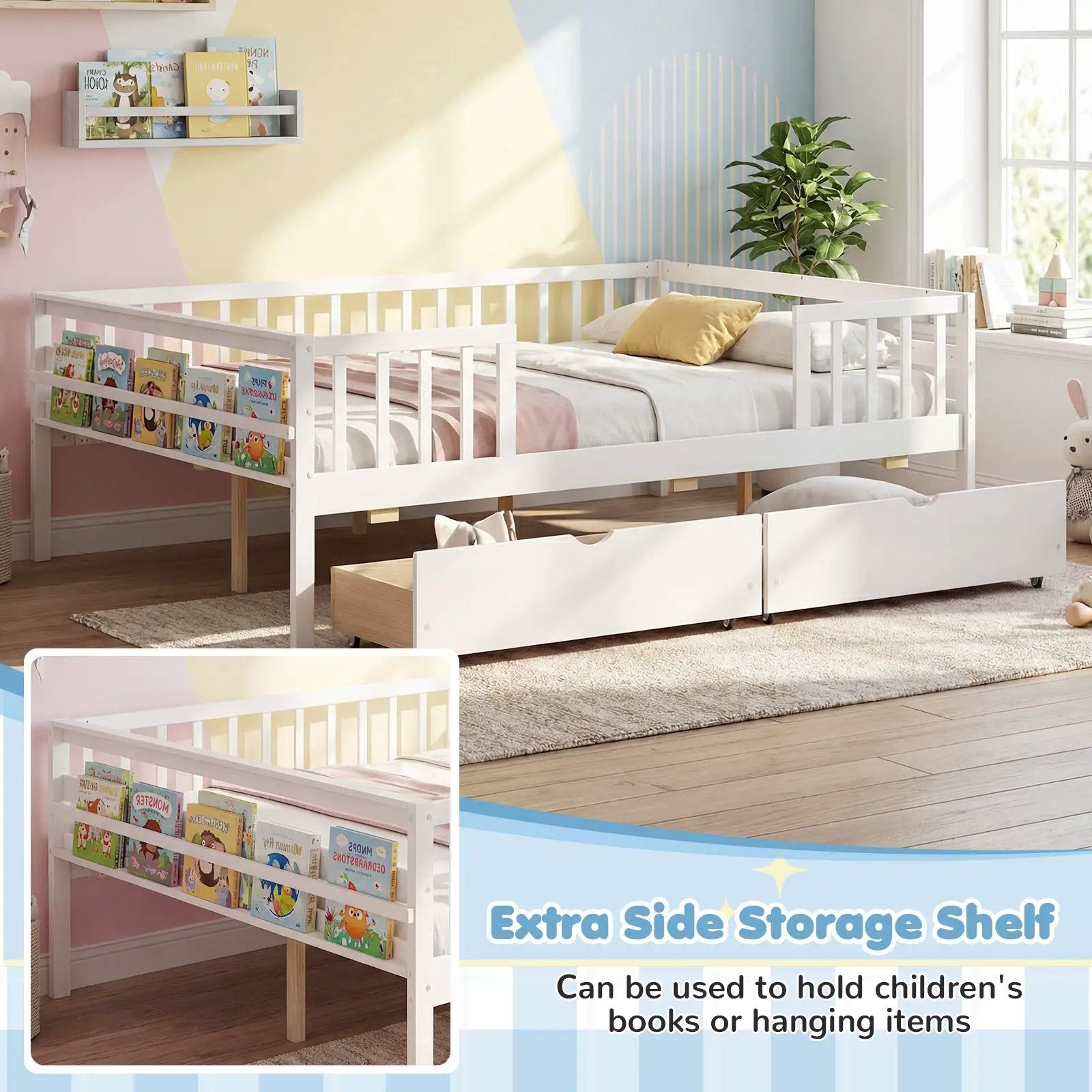 Full Size Daybed with Fence and 2 Drawers for Boys and Girls by DirectDeals