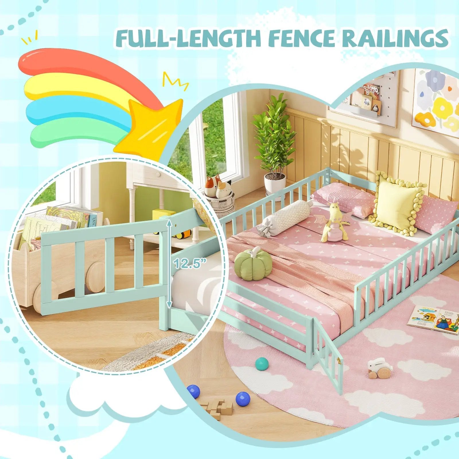 Full Size Floor Bed with Full Length Safety Guardrails by DirectDeals