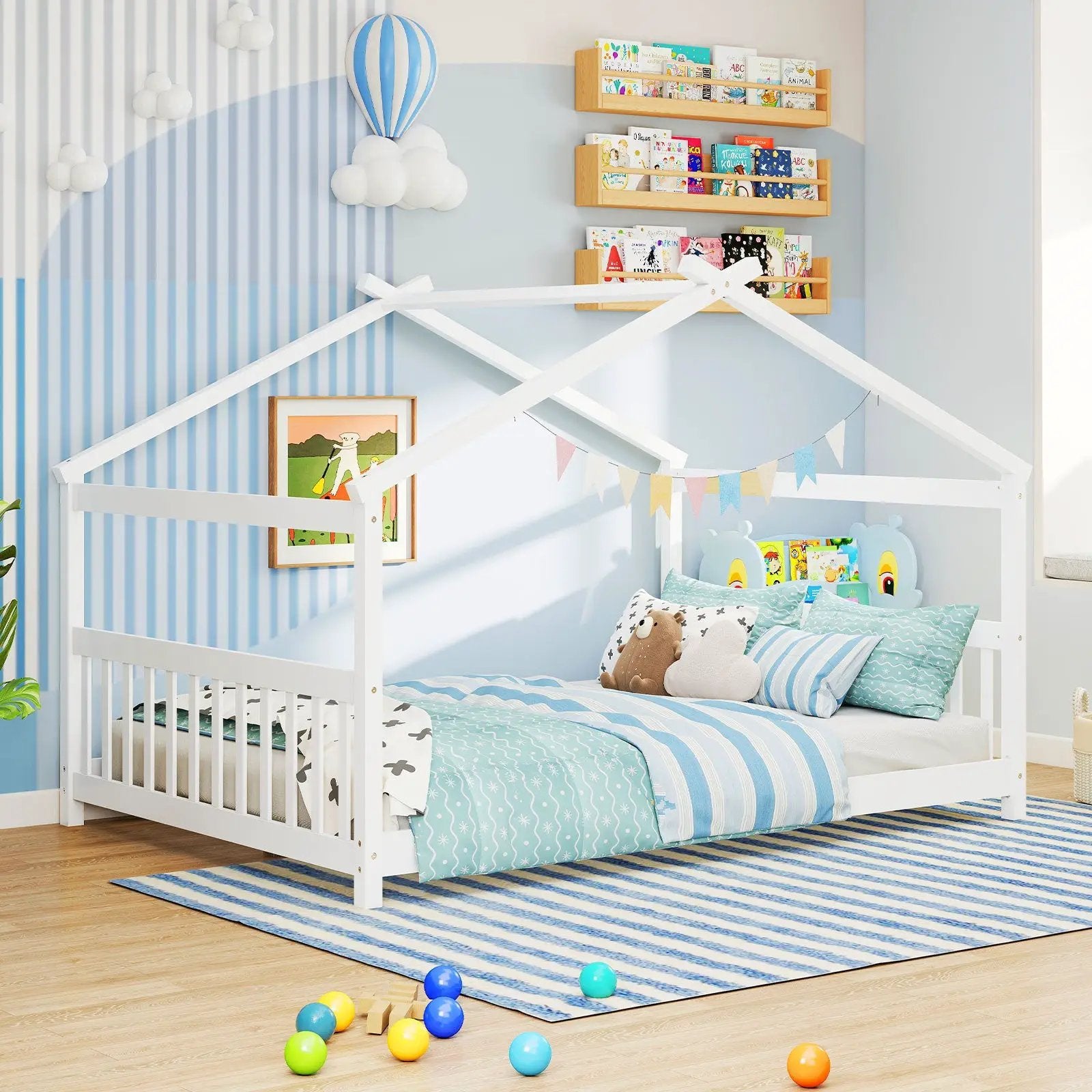 Full Size House Bed Montessori Floor Bed with Headboard by DirectDeals