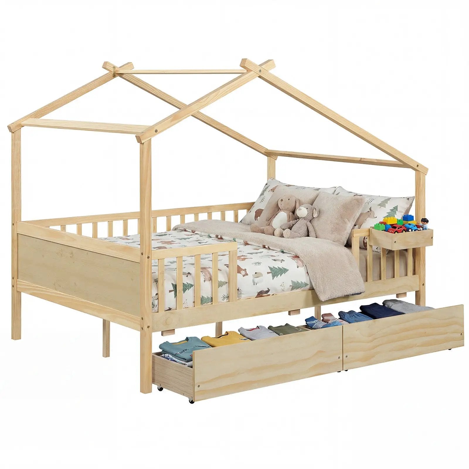 Full Size House Bed with Roof and Fence Rails for Kid by DirectDeals