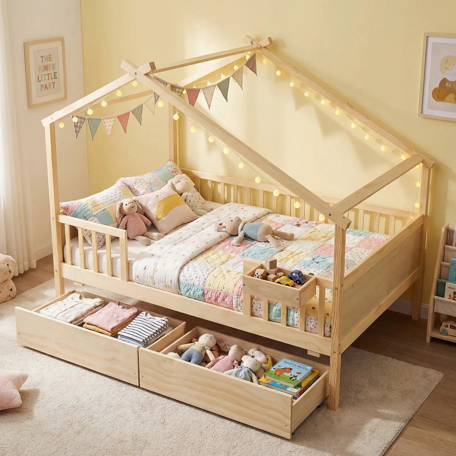 Full Size House Bed with Roof and Fence Rails for Kid by DirectDeals