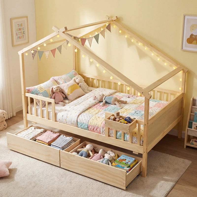Full Size House Bed with Roof and Fence Rails for Kid by DirectDeals