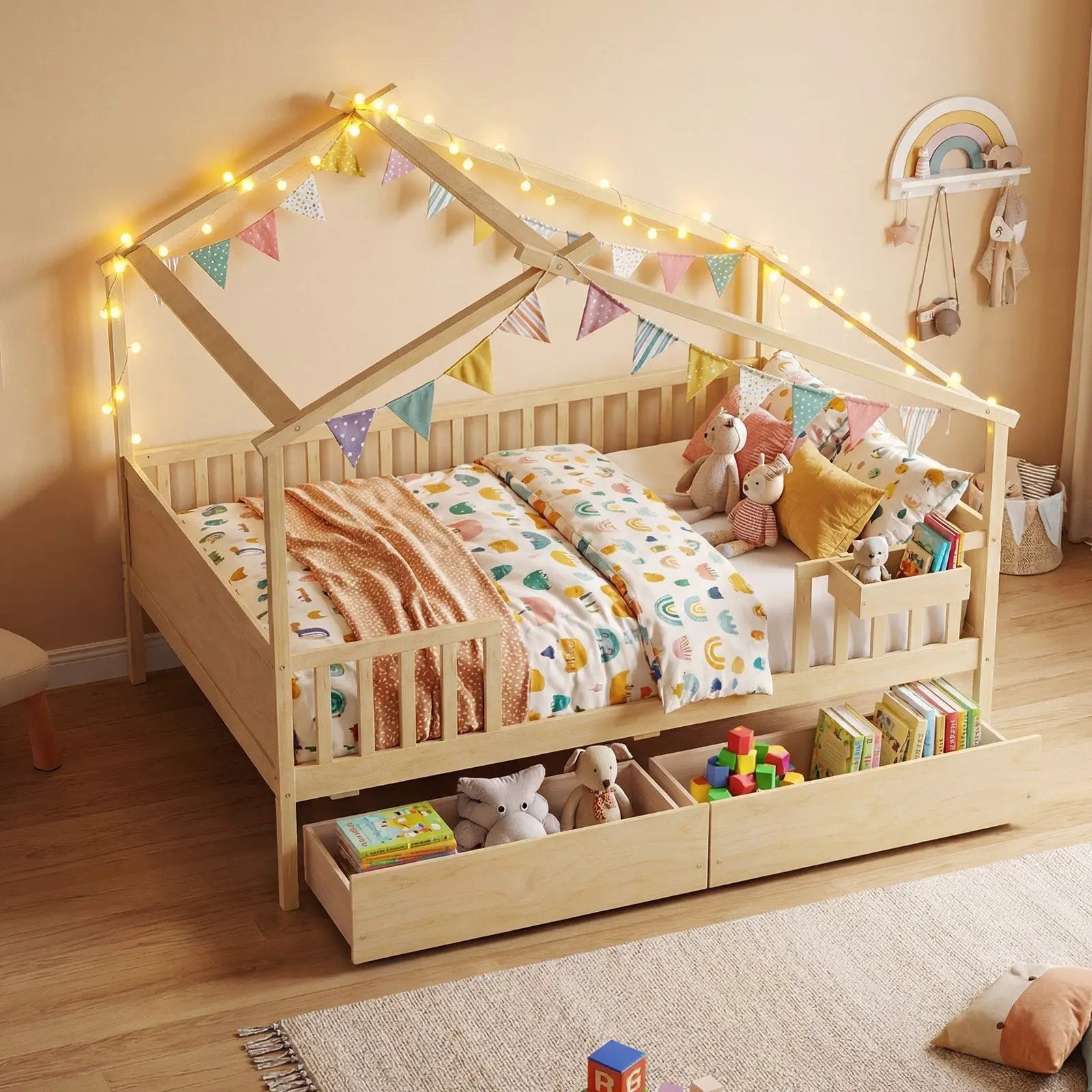 Full Size House Bed with Roof and Fence Rails for Kid by DirectDeals