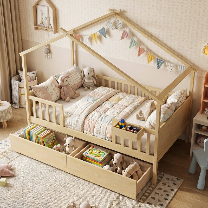 Full Size House Bed with Roof and Fence Rails for Kid by DirectDeals