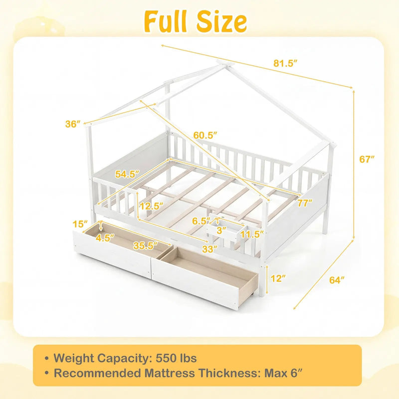 Full Size House Bed with Roof and Fence Rails for Kid by DirectDeals