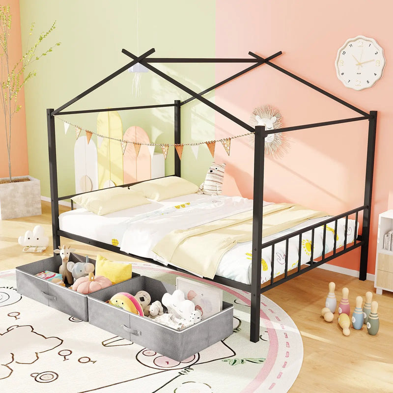 Full Size Metal House Bed with 2 Fabric Drawers for Kids by DirectDeals