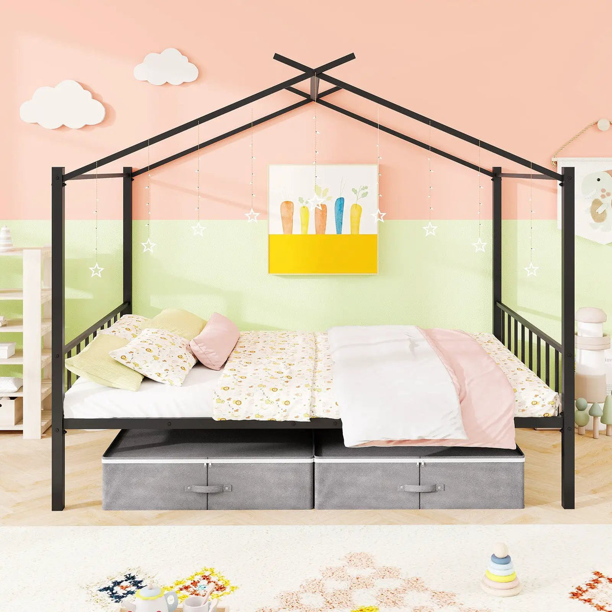 Full Size Metal House Bed with 2 Fabric Drawers for Kids, photo 6 of 9