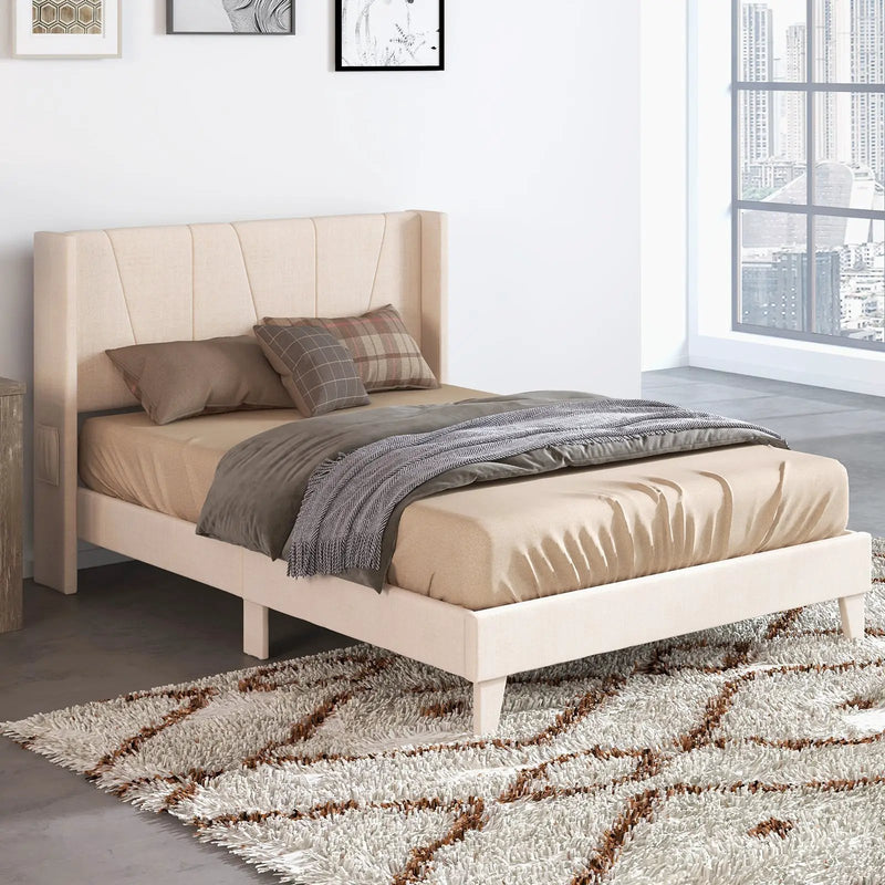 Full/Queen Size Upholstered Bed Frame with Geometric Wingback Headboard by DirectDeals
