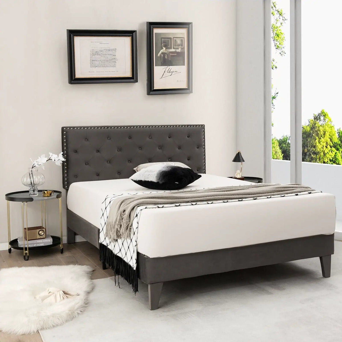 Full/Queen Size Upholstered Platform Bed with Tufted Headboard, photo 2 of 9