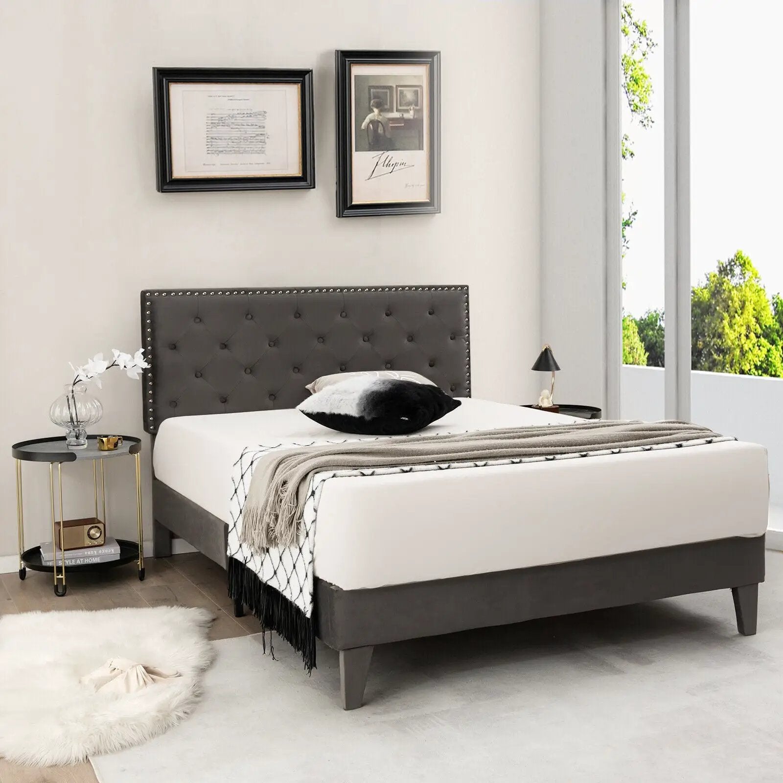 Full/Queen Size Upholstered Platform Bed with Tufted Headboard by DirectDeals