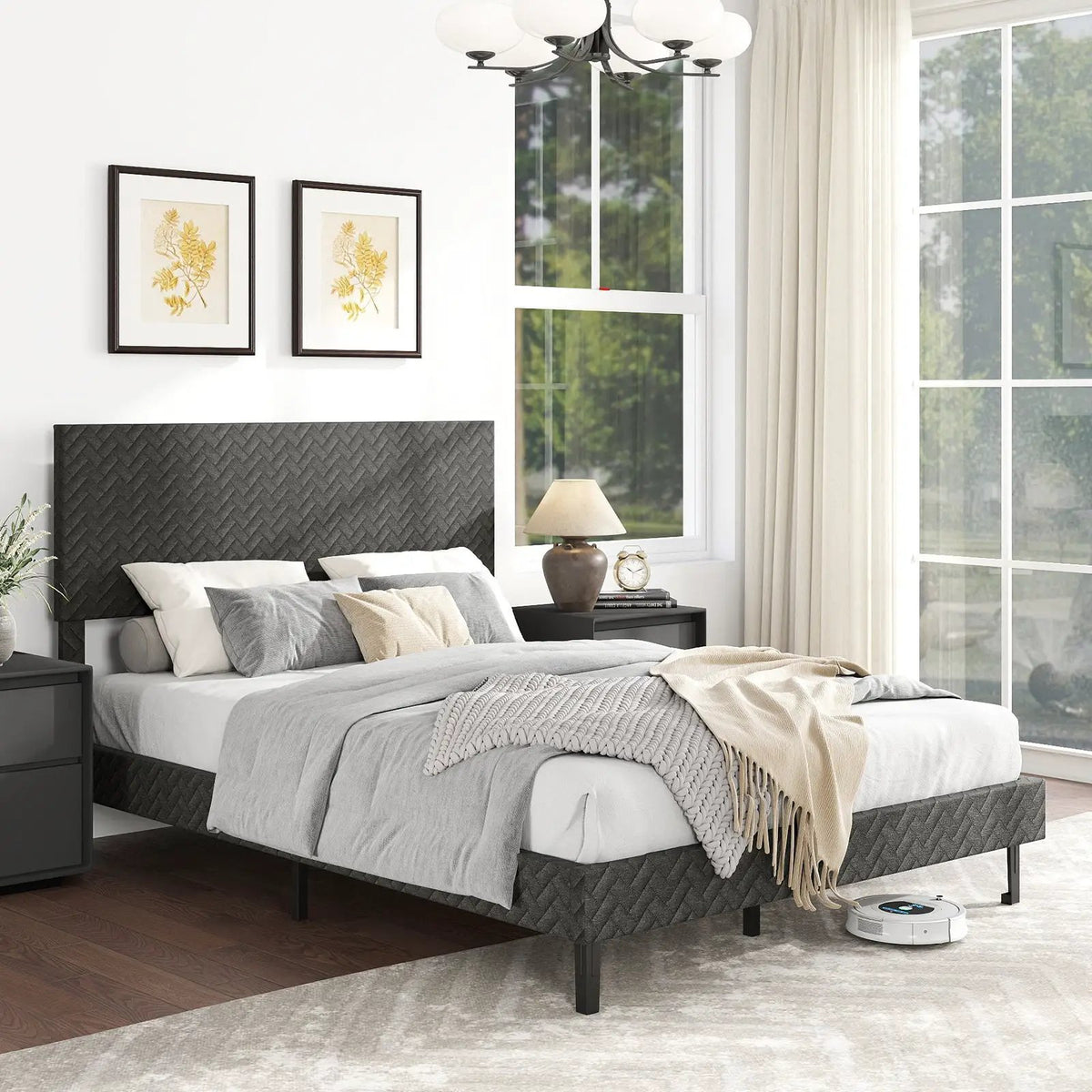 Twin/Full/Queen Size Velvet Bed Frame Upholstered Platform Bed with Chevron Headboard Gray, photo 2 of 24