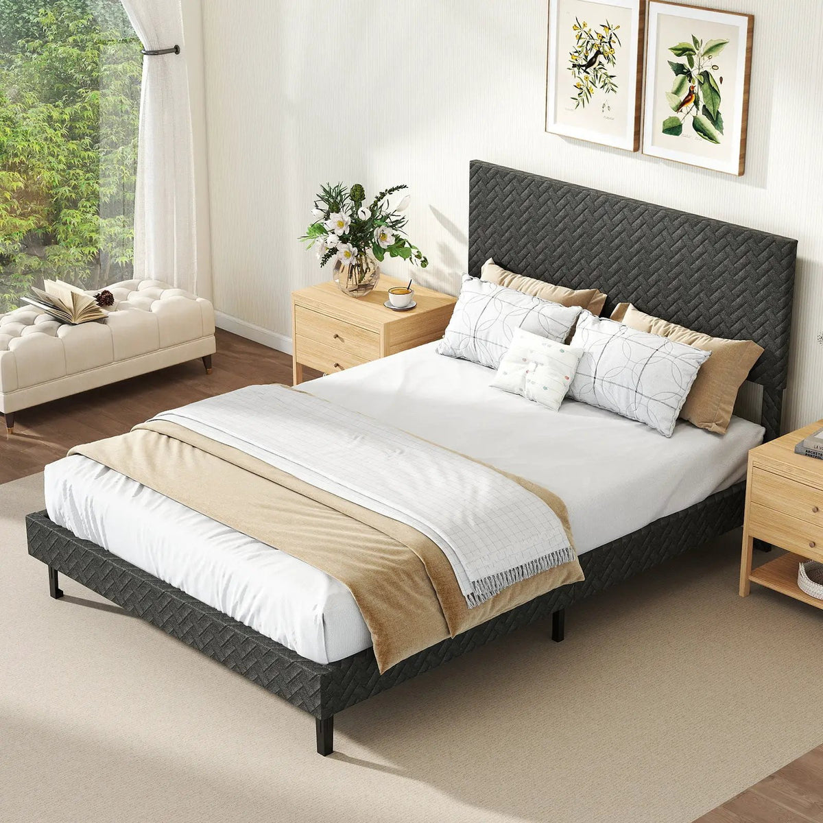 Twin/Full/Queen Size Velvet Bed Frame Upholstered Platform Bed with Chevron Headboard Gray, photo 14 of 24