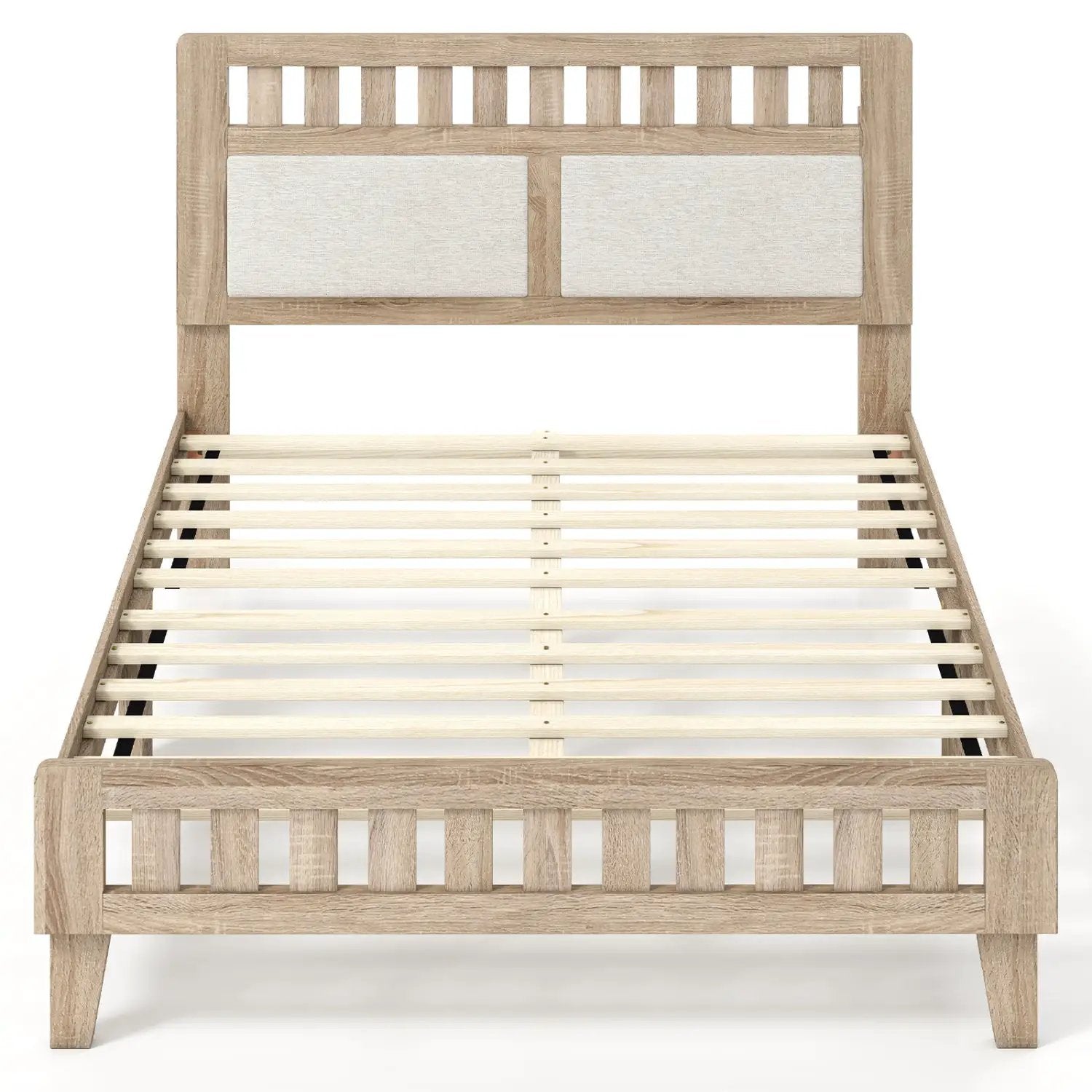 Twin Size Wood Bed Frame with Upholstered Headboard Mid Century Style by DirectDeals