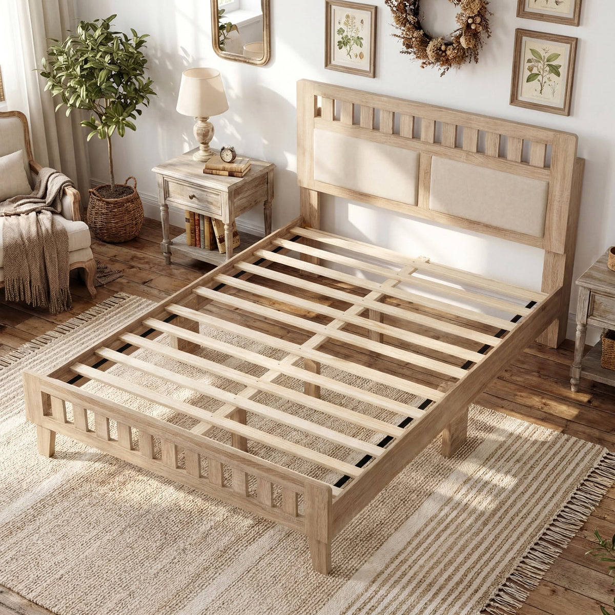 Twin Size Wood Bed Frame with Upholstered Headboard Mid Century Style, photo 13 of 16