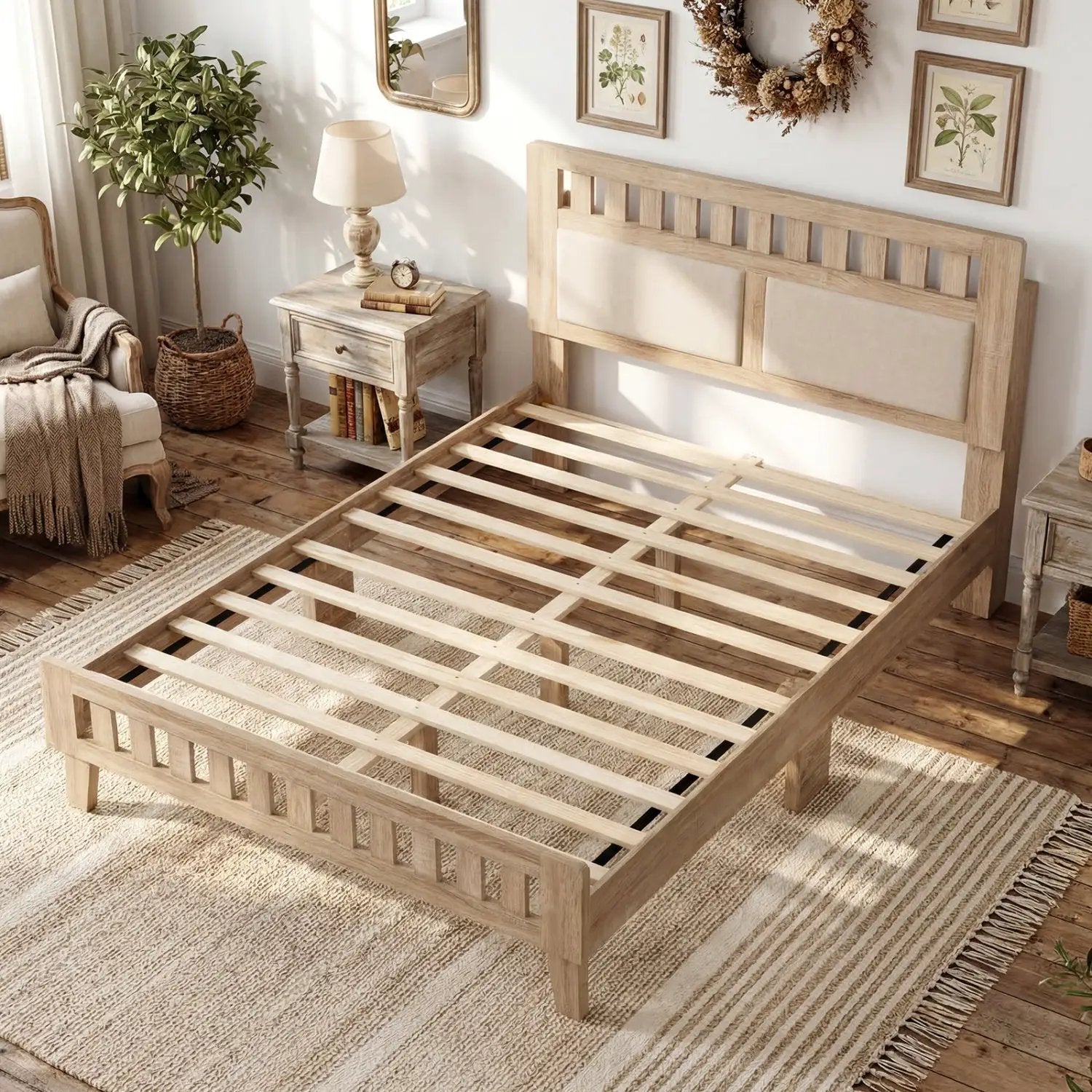 Twin Size Wood Bed Frame with Upholstered Headboard Mid Century Style by DirectDeals