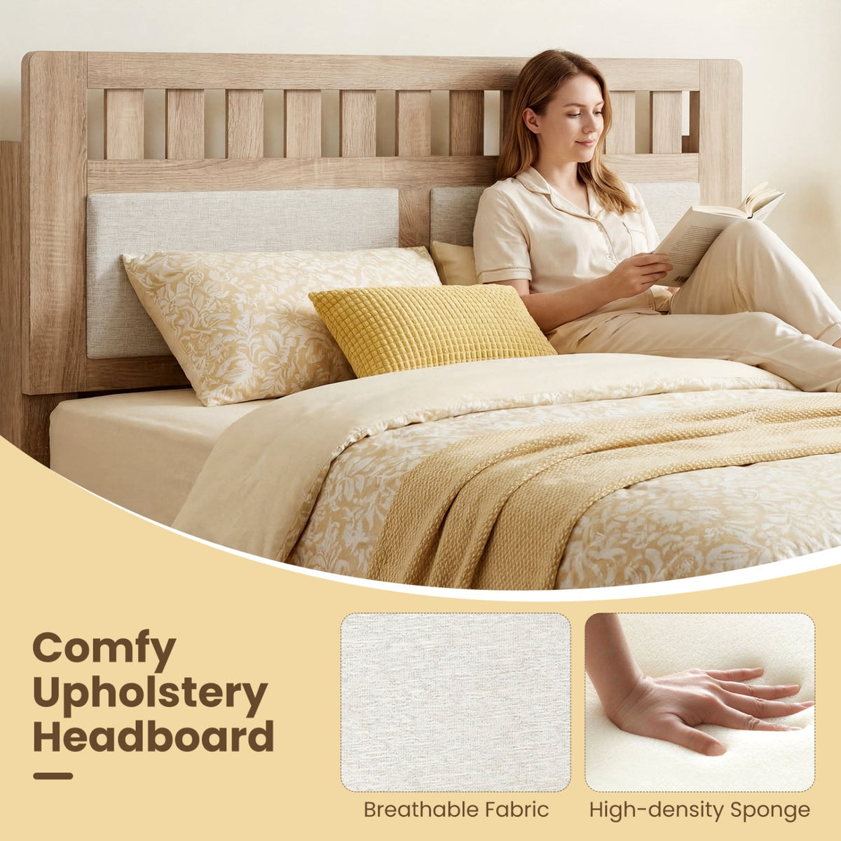 Twin Size Wood Bed Frame with Upholstered Headboard Mid Century Style, photo 14 of 16
