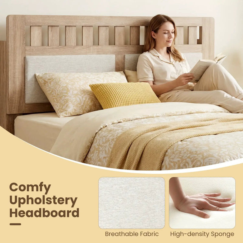 Twin Size Wood Bed Frame with Upholstered Headboard Mid Century Style by DirectDeals