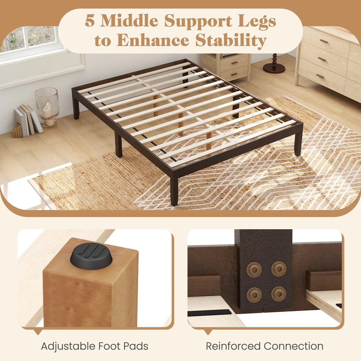 Full Size Wood Bed Frame with Wooden Slats Support and Rubber Wood Legs, photo 7 of 9