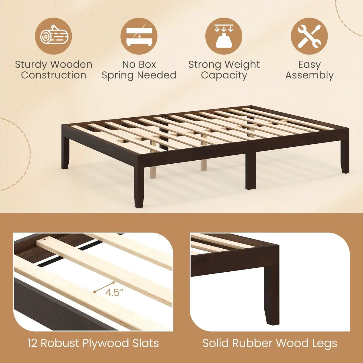 Full Size Wood Bed Frame with Wooden Slats Support and Rubber Wood Legs, photo 8 of 9