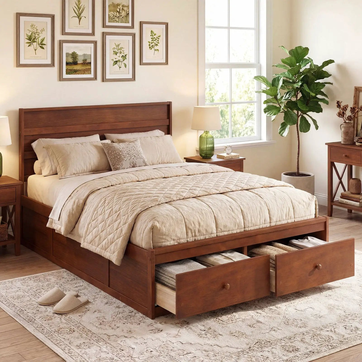 Full Size Wooden Platform Bed Frame with Storage Drawers