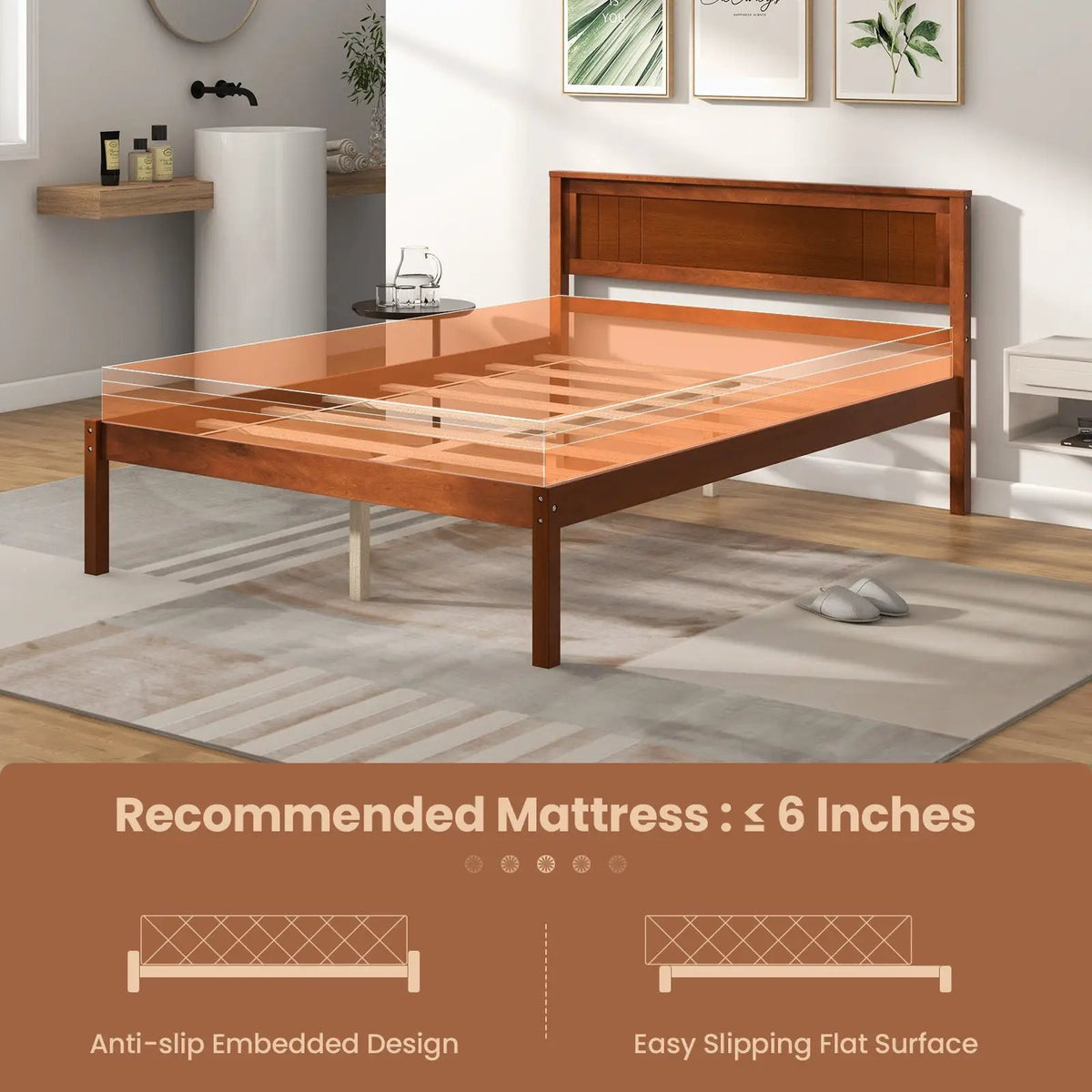 Twin/Full/Queen Size Bed Frame with Wooden Headboard and Slat Support, photo 6 of 10