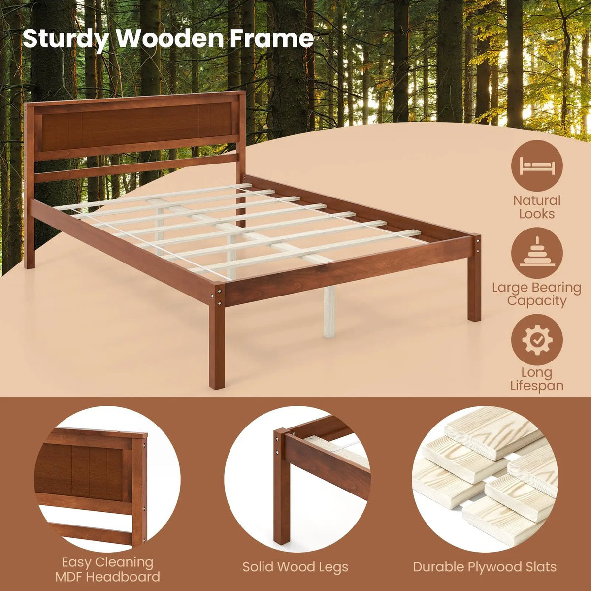 Twin/Full/Queen Size Bed Frame with Wooden Headboard and Slat Support, photo 7 of 10