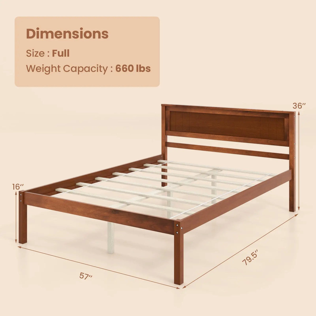 Twin/Full/Queen Size Bed Frame with Wooden Headboard and Slat Support, photo 4 of 10