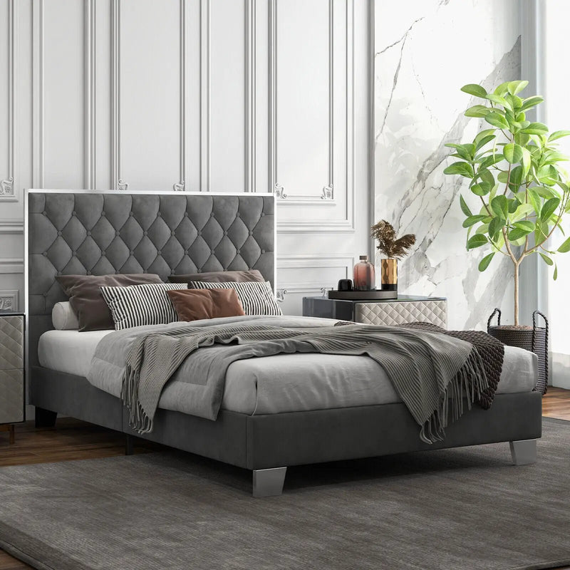 Full/Queen Size Upholstered Bed Frame with Velvet Headboard by DirectDeals