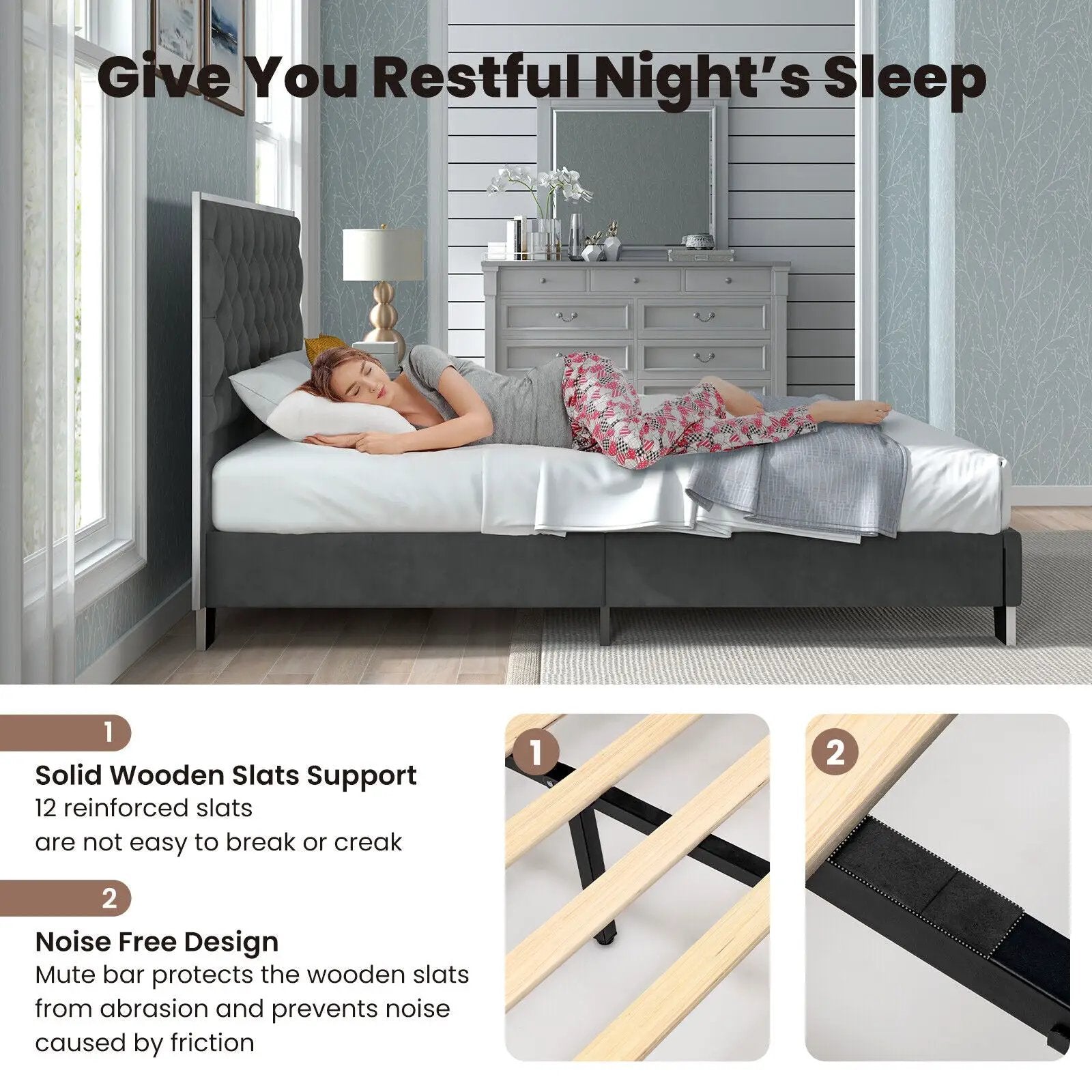 Full/Queen Size Upholstered Bed Frame with Velvet Headboard by DirectDeals