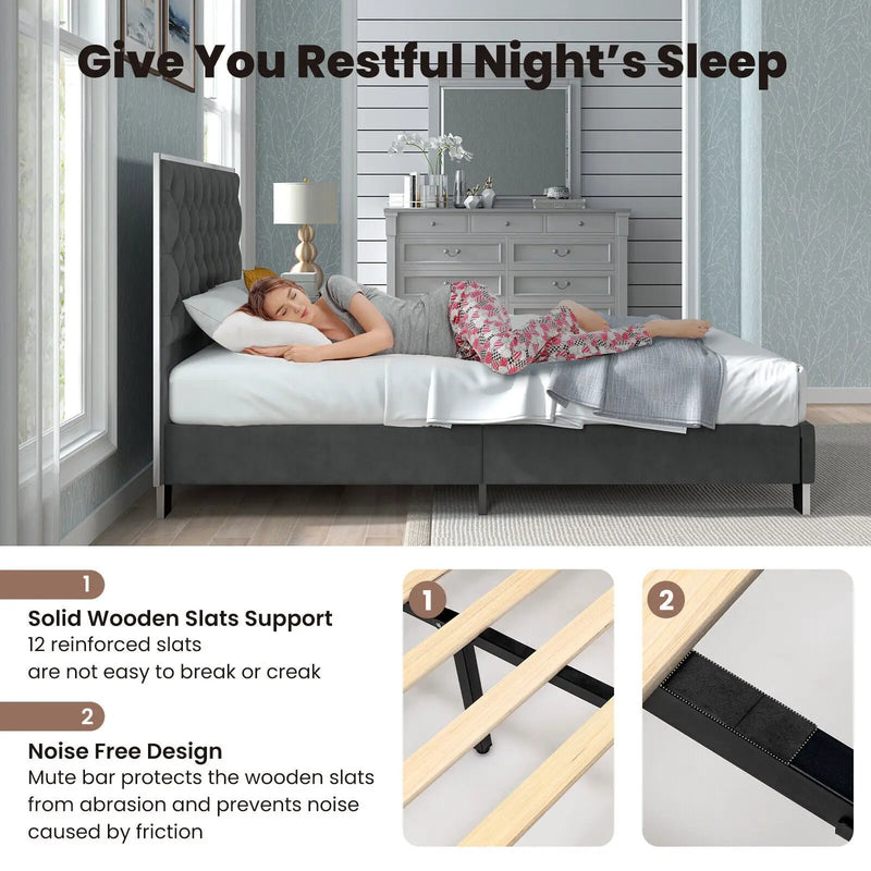 Full/Queen Size Upholstered Bed Frame with Velvet Headboard by DirectDeals