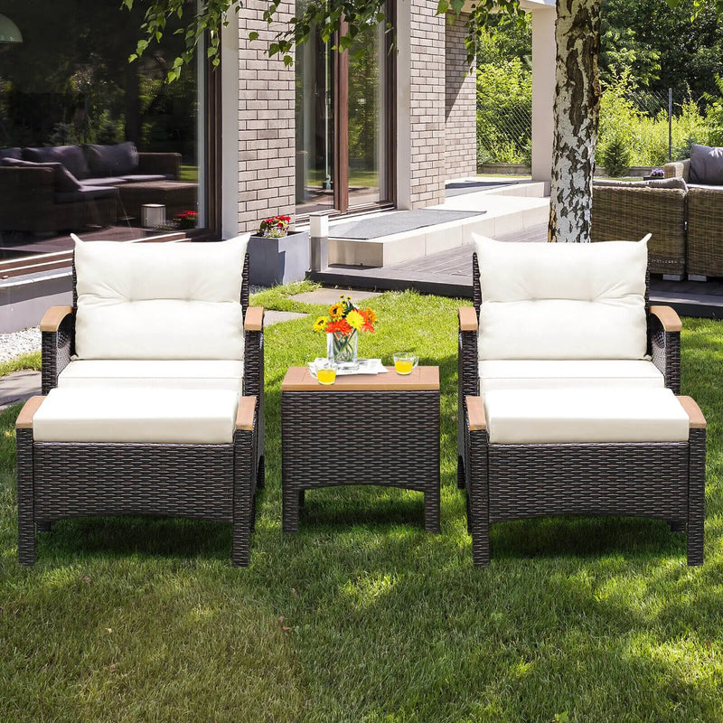5 Pieces Patio Conversation Set with Cushions Coffee Table and 2 Ottomans by DirectDeals