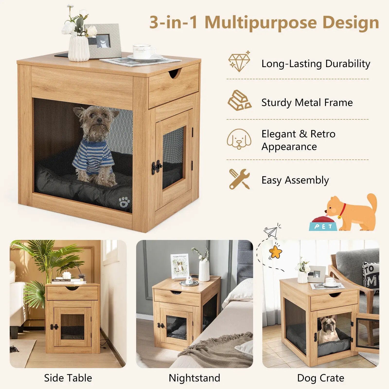 Furniture Style Dog Kennel with Drawer and Removable Dog Bed-Natrual by DirectDeals