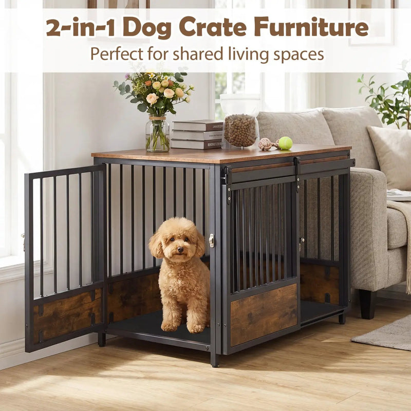Dog Crate Furniture with Sliding Barn Door and Mat by DirectDeals