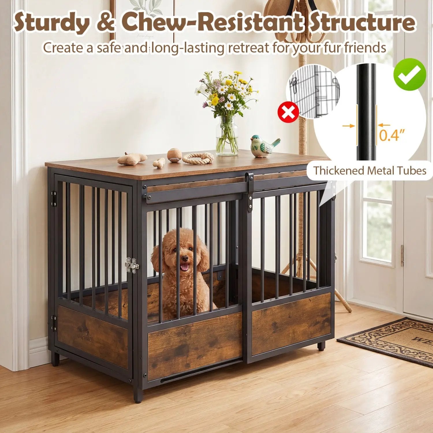 Dog Crate Furniture with Sliding Barn Door and Mat by DirectDeals