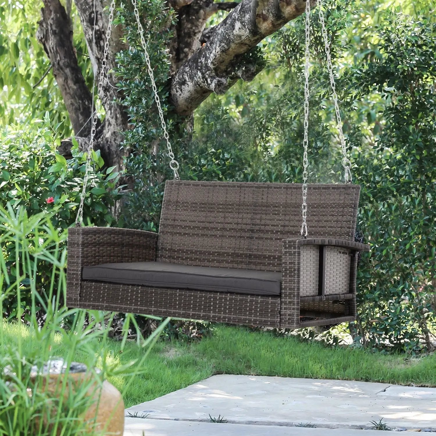 Grey Tones Wicker Porch Swing 7ft Hanging Chain with Dark Grey Padded Cushion by HomePacific