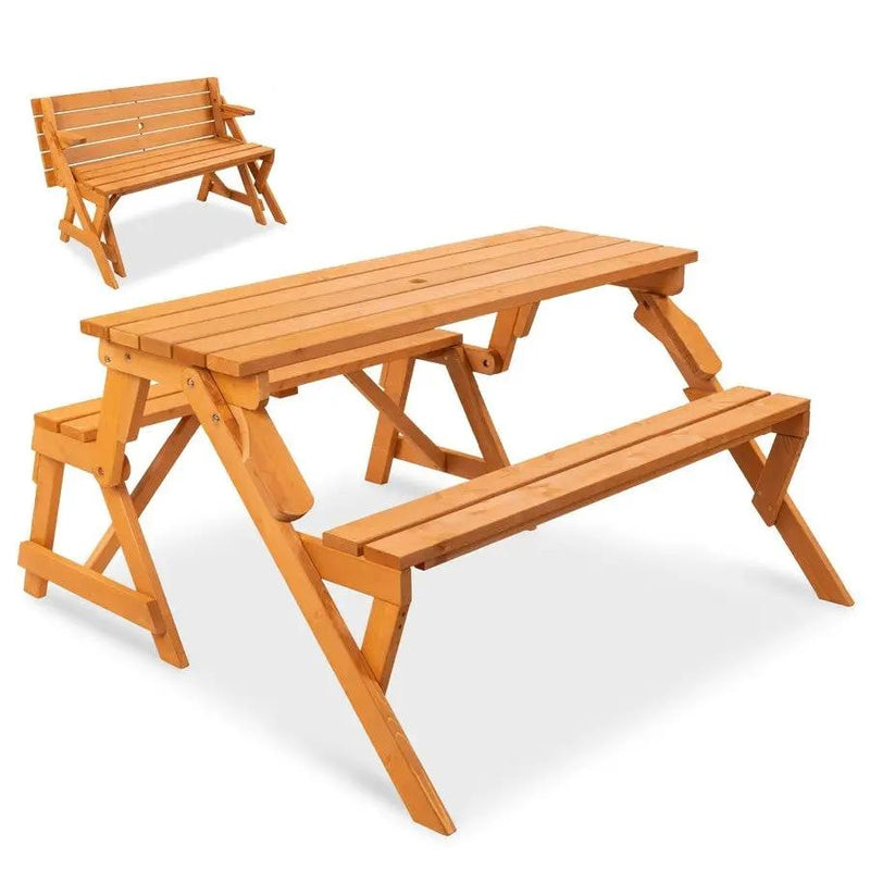 Outdoor Interchangeable 2 in 1 Multi-Use Wooden Picnic Table Garden Bench Umbrella Hole by HomePacific