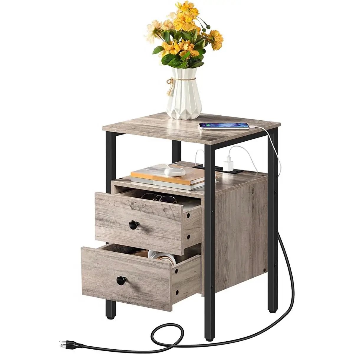 Modern Black Metal Nightstand with Grey Wood Finish Drawers and Shelf by HomePacific