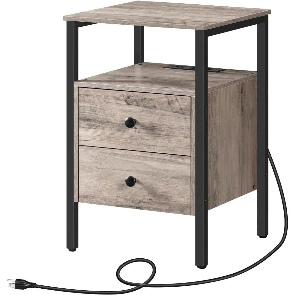 Modern Black Metal Nightstand with Grey Wood Finish Drawers and Shelf by HomePacific