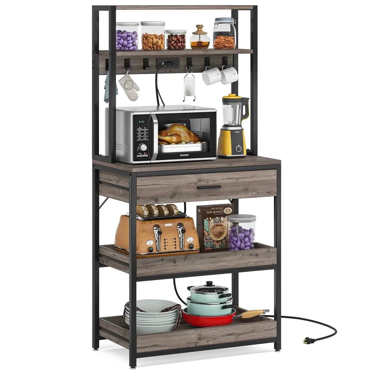 Grey Modern Baker's Rack Kitchen Shelving Unit with Pull-Out Shelves and Drawer by HomePacific