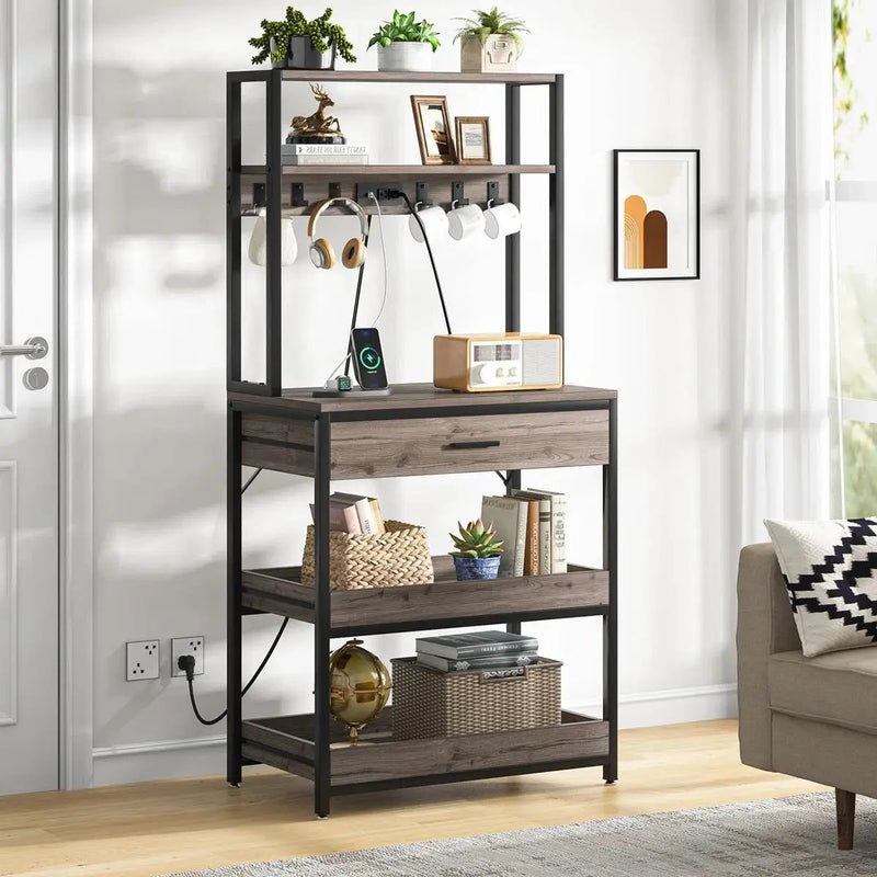 Grey Modern Baker's Rack Kitchen Shelving Unit with Pull-Out Shelves and Drawer by HomePacific