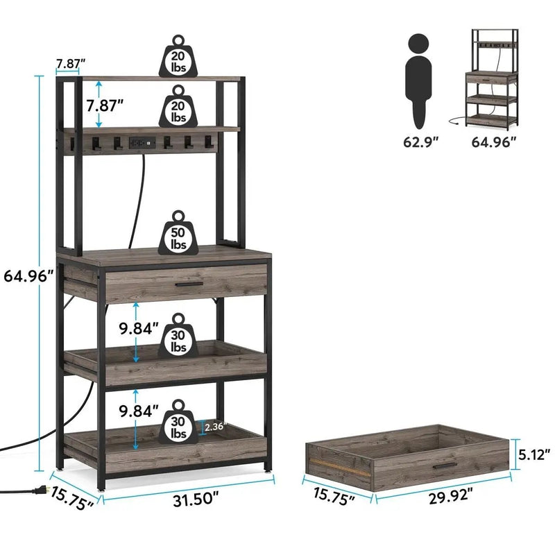 Grey Modern Baker's Rack Kitchen Shelving Unit with Pull-Out Shelves and Drawer by HomePacific