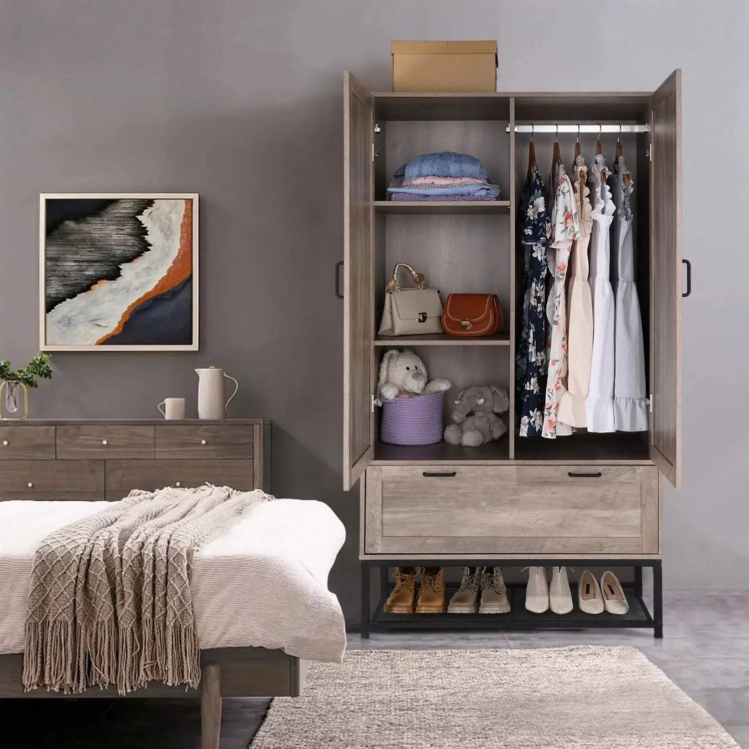 Modern 2-Door Bedroom Wardrobe Cabinet Armoire Shoe Rack in Retro Grey Finish by HomePacific