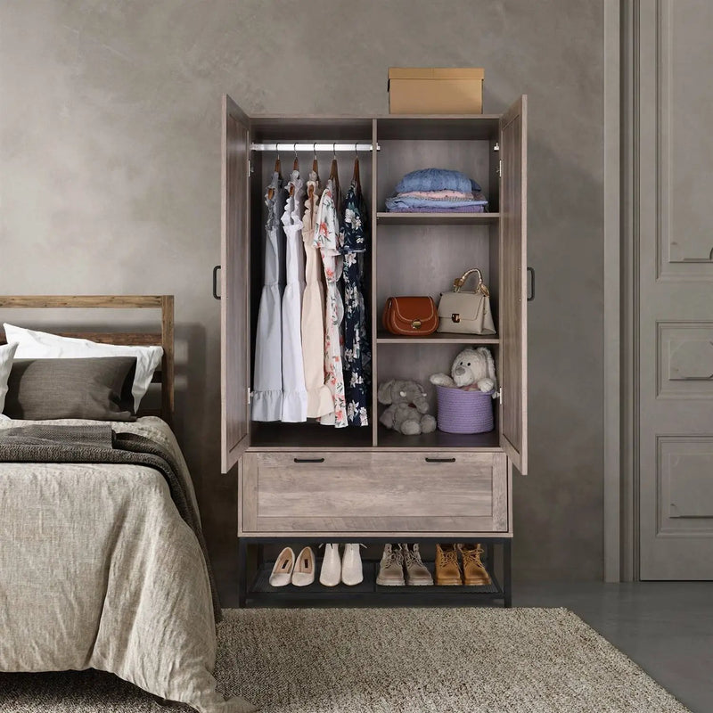 Modern 2-Door Bedroom Wardrobe Cabinet Armoire Shoe Rack in Retro Grey Finish by HomePacific